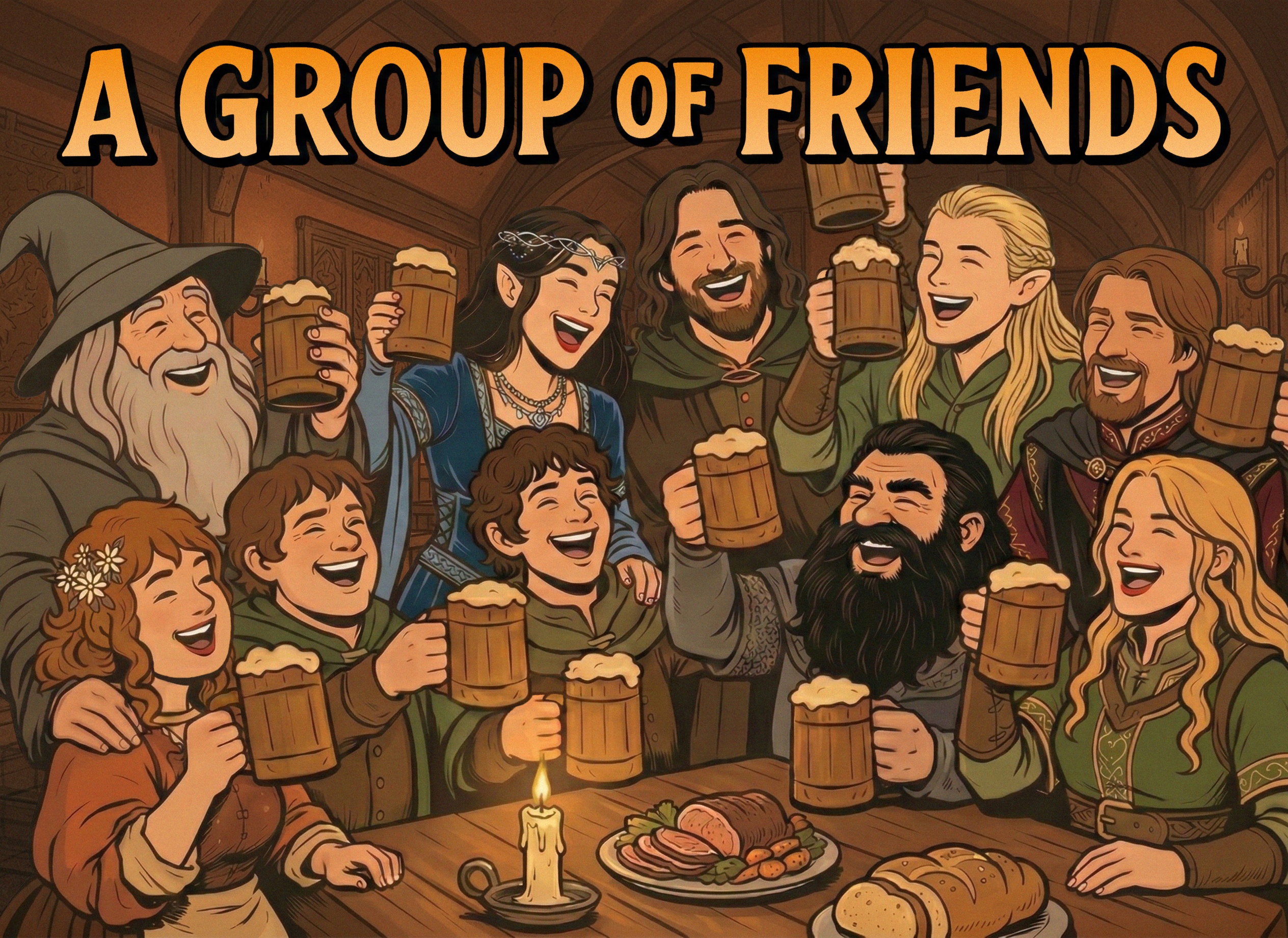 A GROUP OF FRIENDS Gandalf, Rosie, Samwise, Frodo, Arwen, Aragorn Gimli, Legolas, Boromir and Eowyn are having a great time enjoying drinks at the tavern.